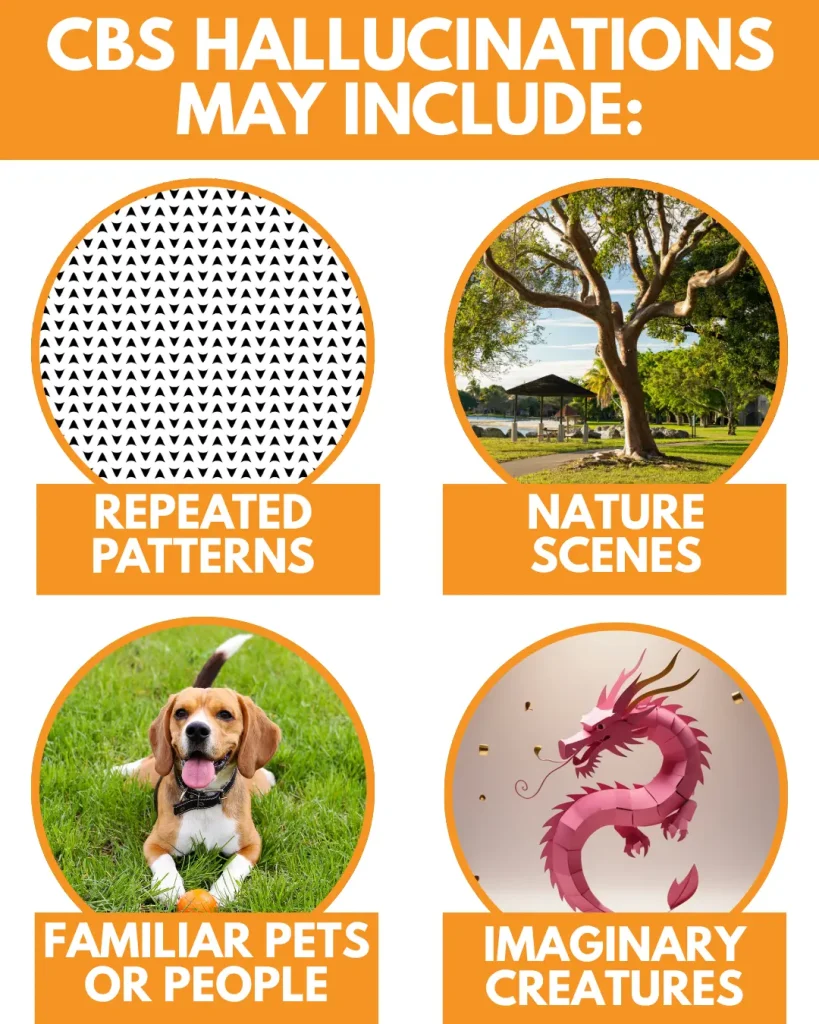 CBS hallucinations may include repeated patterns, nature scenes, familiar pets or people and imaginary creatures.