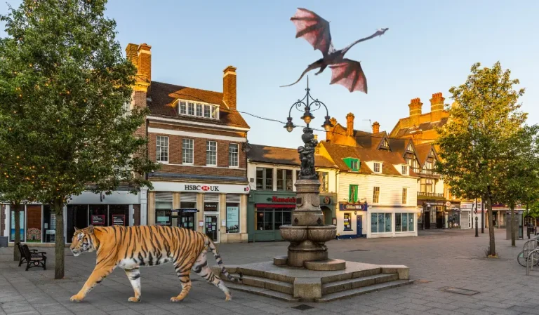 CBS example of a town centre with imaginary tiger and dragon